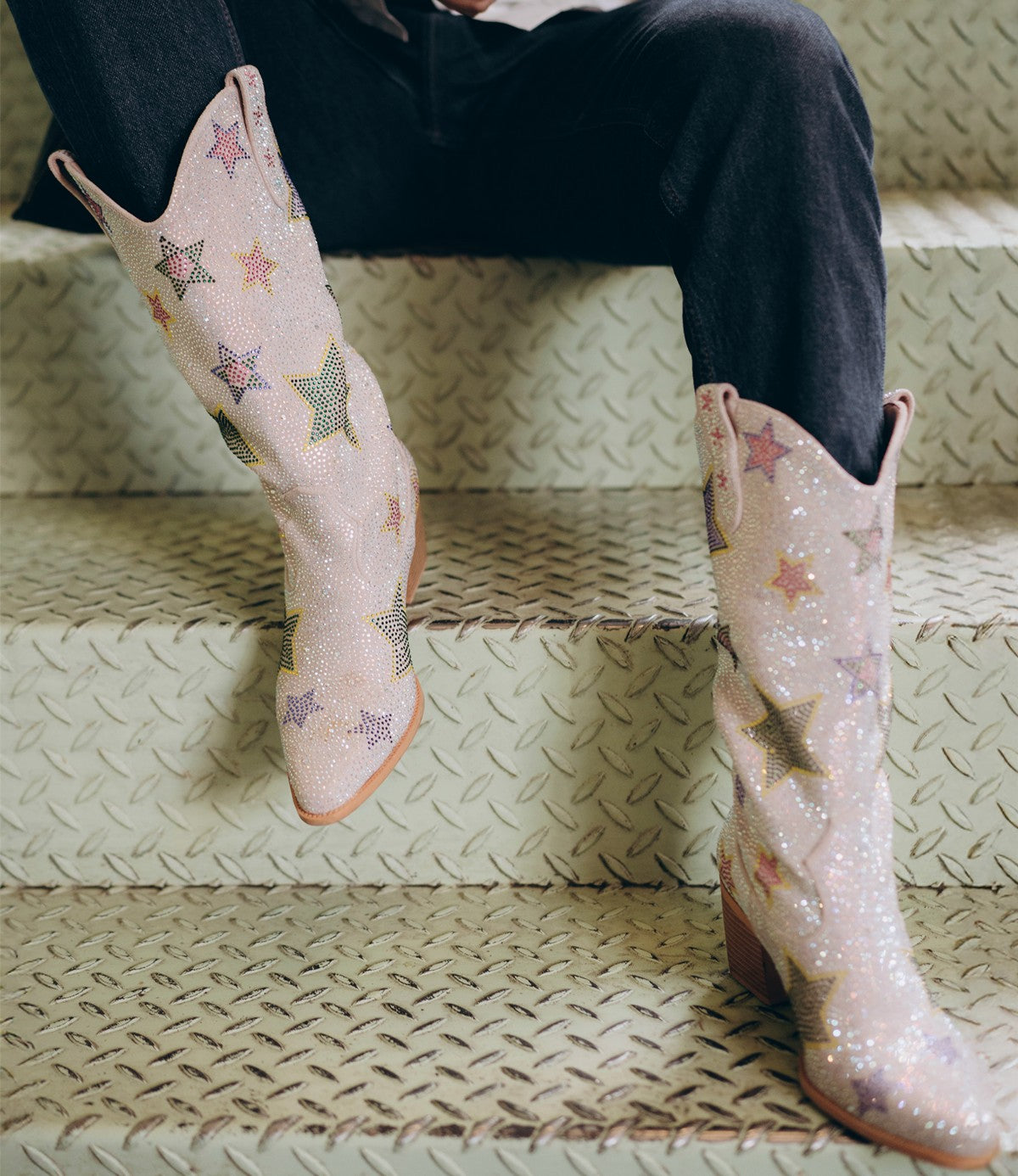 Rhinestone Star Chunky Heel Mid-Calf Western Boots - Onlymaker