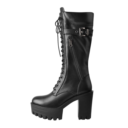 Black Patent Leather Platform Lace Up Knee High Boots - Onlymaker