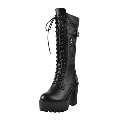 Black Patent Leather Platform Lace Up Knee High Boots - Onlymaker