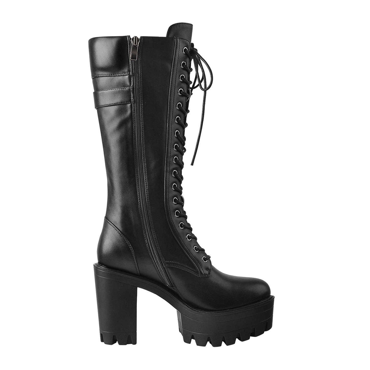 Black Patent Leather Platform Lace Up Knee High Boots - Onlymaker