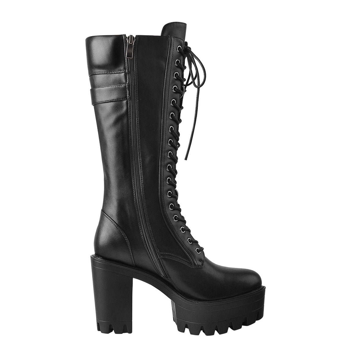 Black Patent Leather Platform Lace Up Knee High Boots - Onlymaker