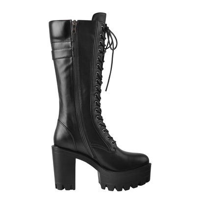 Black Patent Leather Platform Lace Up Knee High Boots - Onlymaker