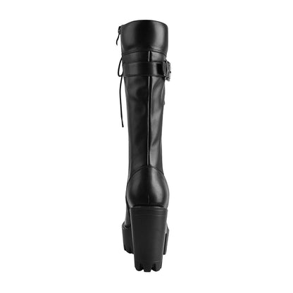 Black Patent Leather Platform Lace Up Knee High Boots - Onlymaker