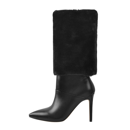Downy White Black Pointed Toe High Heel Stiletto Boots - Onlymaker