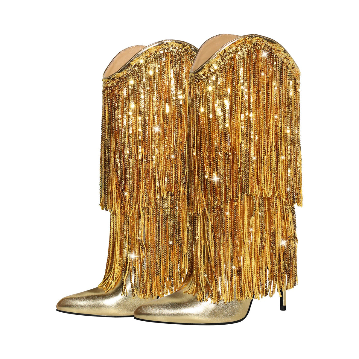 Pointed Toe Stilettos Sequin Fringe Boots - Onlymaker