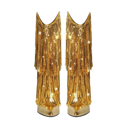 Pointed Toe Stilettos Sequin Fringe Boots - Onlymaker