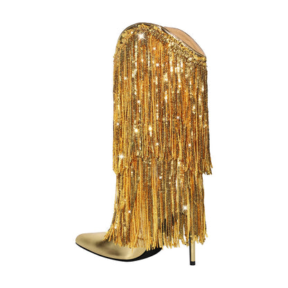 Pointed Toe Stilettos Sequin Fringe Boots - Onlymaker