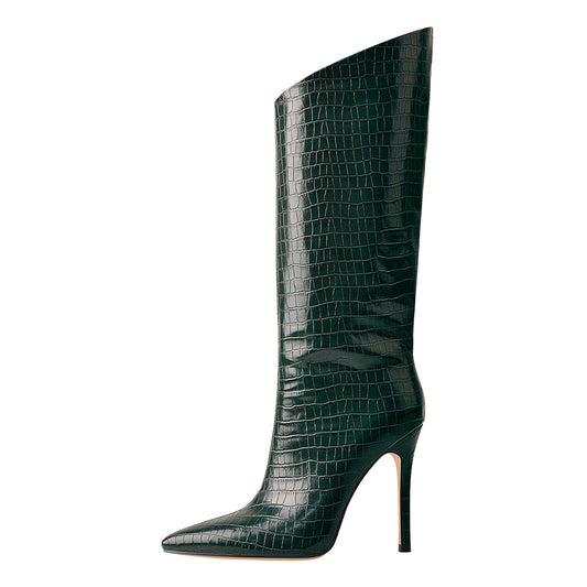 Green Stone Pattern High Heel Mid-Calf Boots - Onlymaker