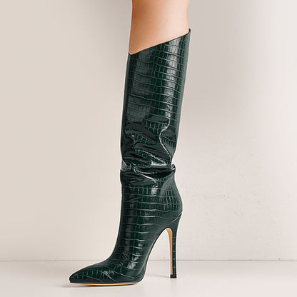 Green Stone Pattern High Heel Mid-Calf Boots - Onlymaker