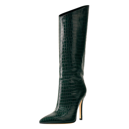 Green Stone Pattern High Heel Mid-Calf Boots - Onlymaker