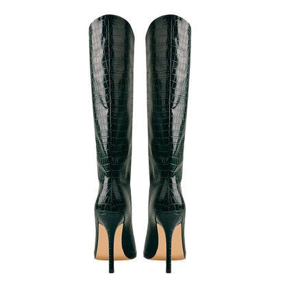 Green Stone Pattern High Heel Mid-Calf Boots - Onlymaker