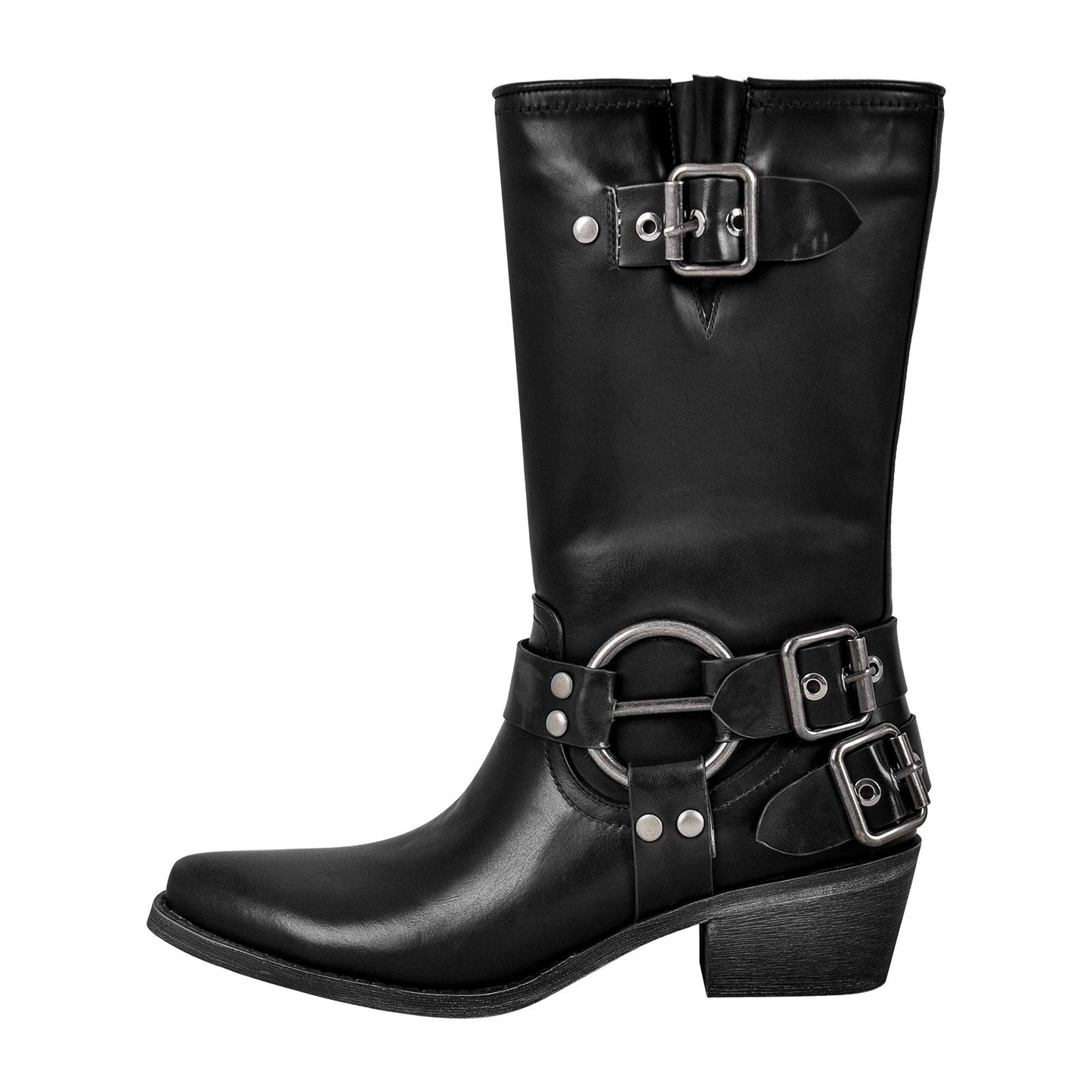 Pointed Toe Chunky Heel Buckle Strap Mid-Calf Western Boots - Onlymaker