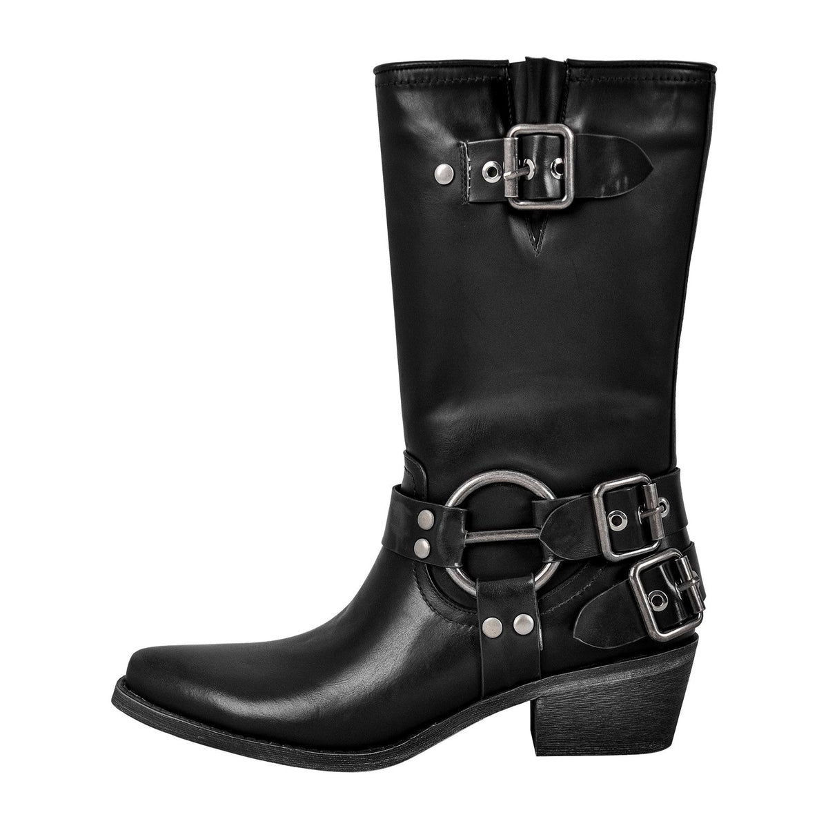 Pointed Toe Chunky Heel Buckle Strap Mid-Calf Western Boots - Onlymaker