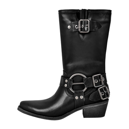 Pointed Toe Chunky Heel Buckle Strap Mid-Calf Western Boots - Onlymaker