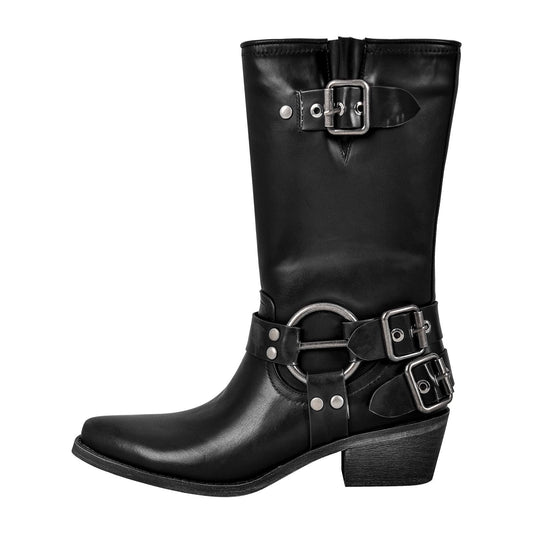 Pointed Toe Chunky Heel Buckle Strap Mid-Calf Western Boots - Onlymaker