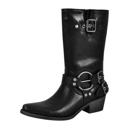 Pointed Toe Chunky Heel Buckle Strap Mid-Calf Western Boots - Onlymaker