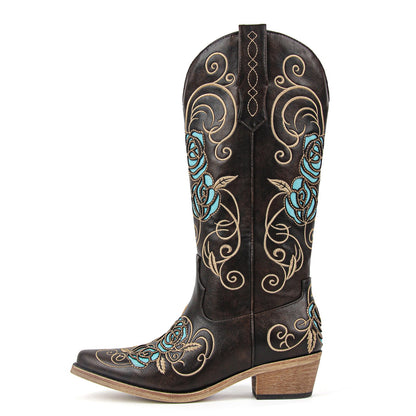 Floral Embroidery Mid-Calf Western Boots - Onlymaker
