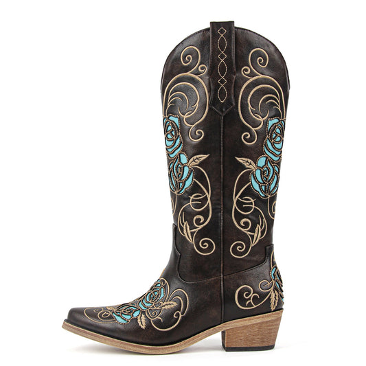 Floral Embroidery Mid-Calf Western Boots - Onlymaker