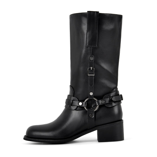 Square Toe Buckle Strap Mid-Calf Boots - Onlymaker