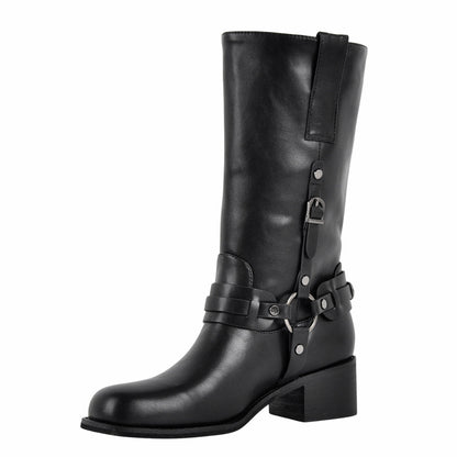 Square Toe Buckle Strap Mid-Calf Boots - Onlymaker