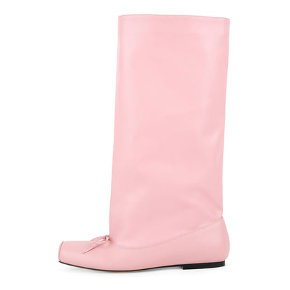 Square Toe Bow Flat Mid-Calf Boots - Onlymaker