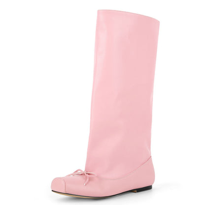Square Toe Bow Flat Mid-Calf Boots - Onlymaker