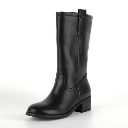 Round Toe Chunky Heel Mid-Calf Boots - Onlymaker