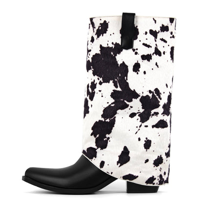 Pointed Toe Cowhide Fold Over Mid-Calf Boots - Onlymaker