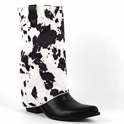 Pointed Toe Cowhide Fold Over Mid-Calf Boots - Onlymaker