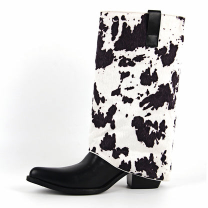 Pointed Toe Cowhide Fold Over Mid-Calf Boots - Onlymaker