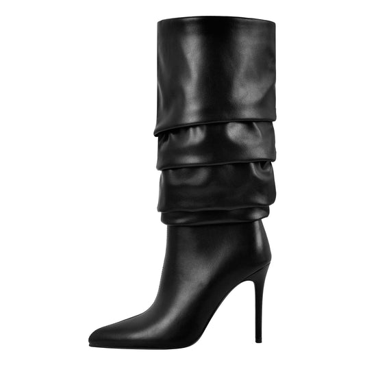 Pointed Toe Pleated Stiletto Mid-Calf Boots - Onlymaker