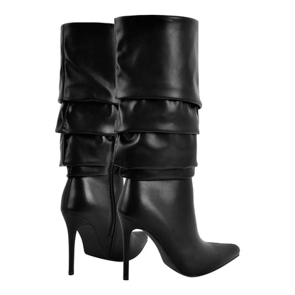 Pointed Toe Pleated Stiletto Mid-Calf Boots - Onlymaker