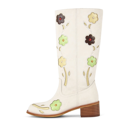 Square Toe Flower Embroidery Mid-Calf Boots - Onlymaker