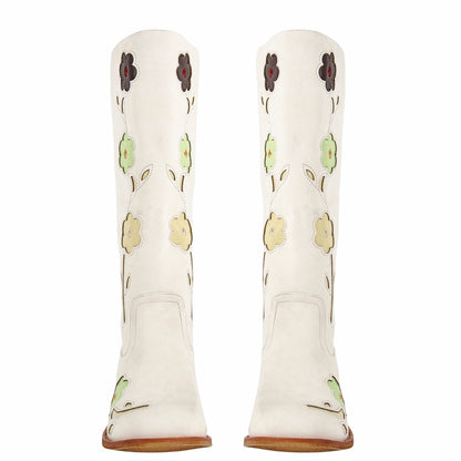 Square Toe Flower Embroidery Mid-Calf Boots - Onlymaker