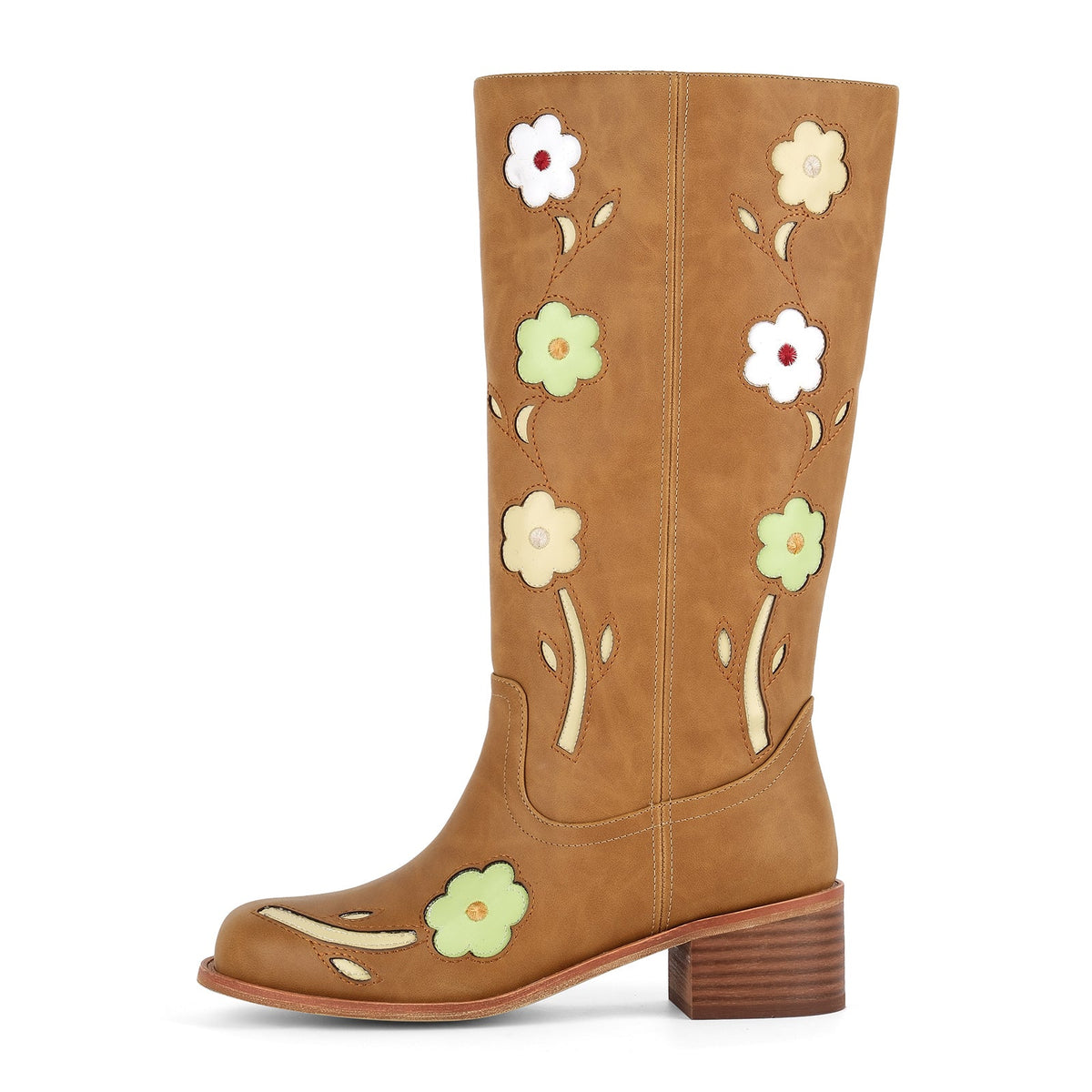 Square Toe Flower Embroidery Mid-Calf Boots - Onlymaker