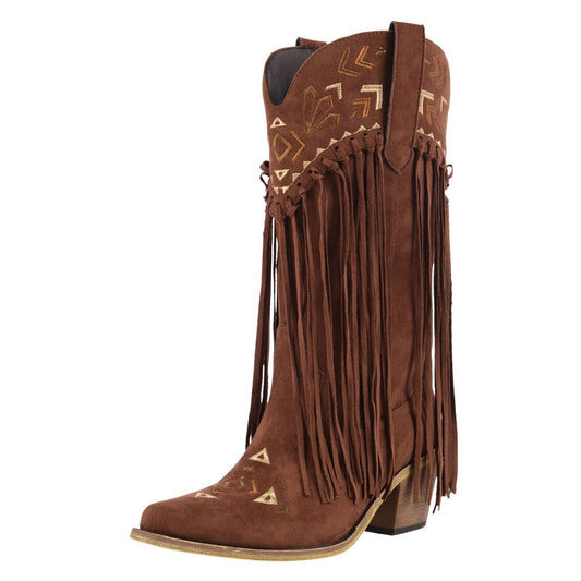 Suede Fringe Embroidery Mid-Calf Western Boots - Onlymaker