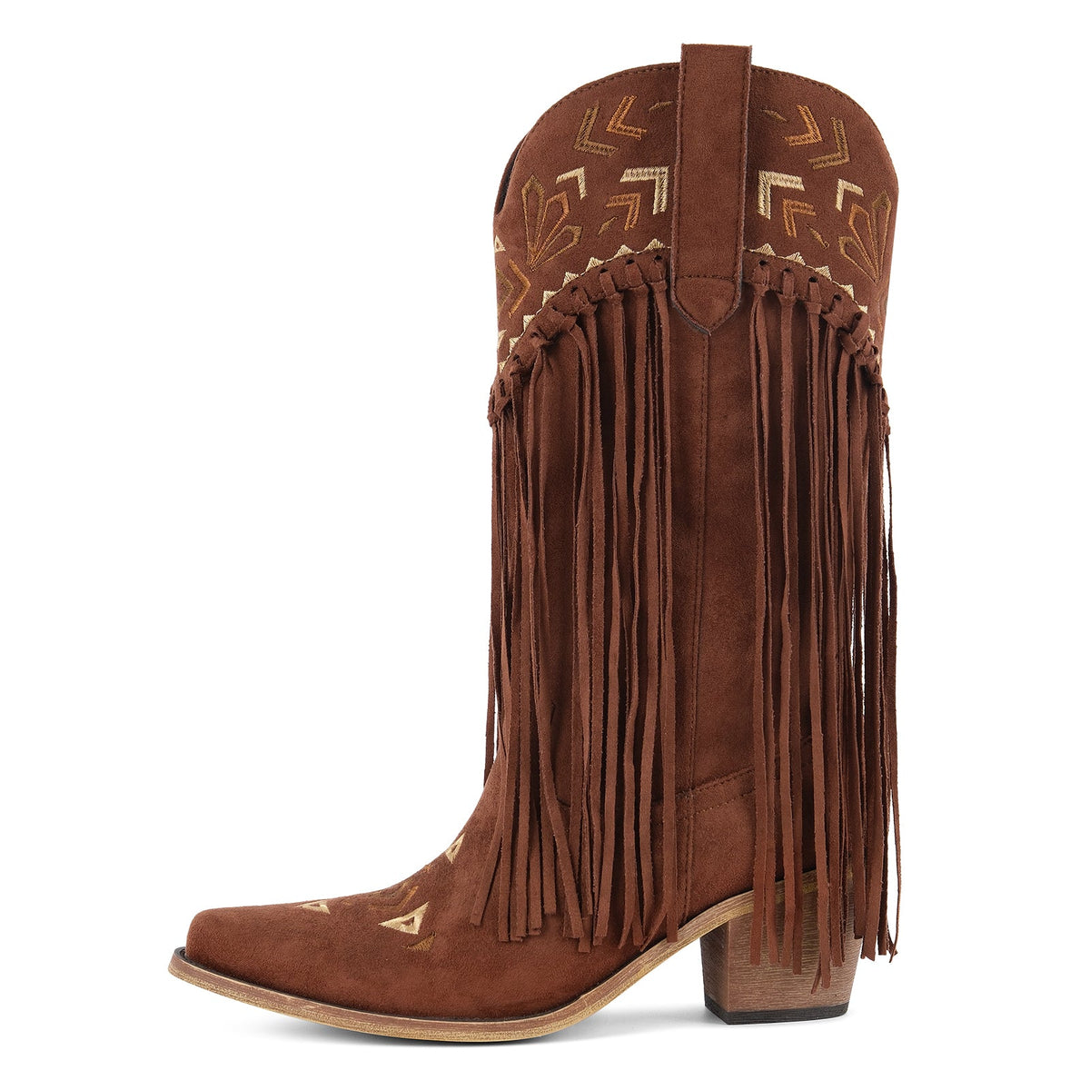 Suede Fringe Embroidery Mid-Calf Western Boots - Onlymaker