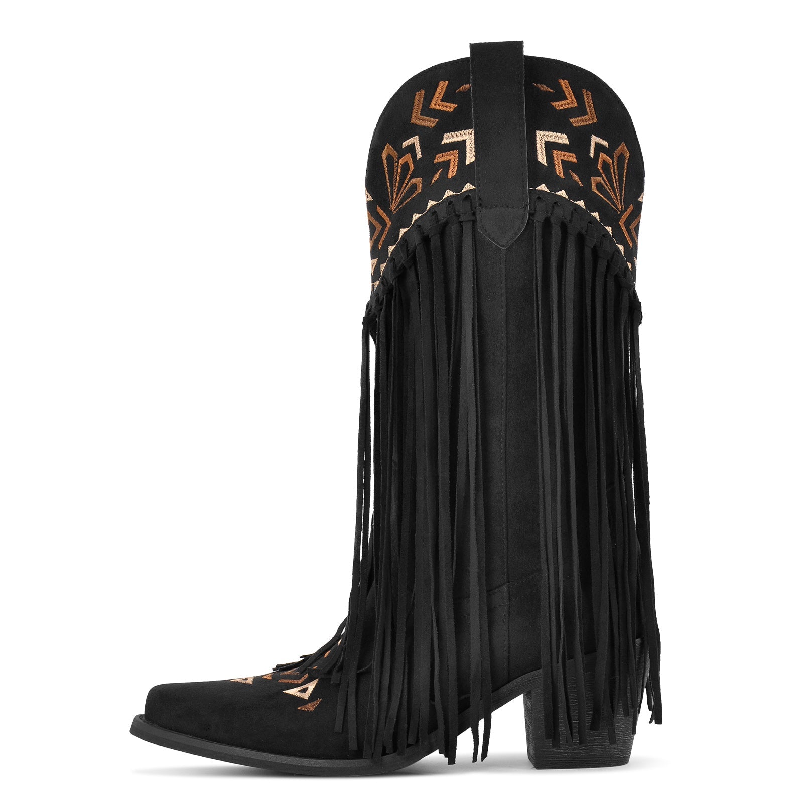Suede Fringe Embroidery Mid-Calf Western Boots - Onlymaker