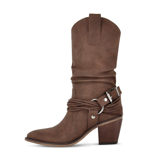 Ruched Buckle Strap Mid-Calf Western Boots - Onlymaker