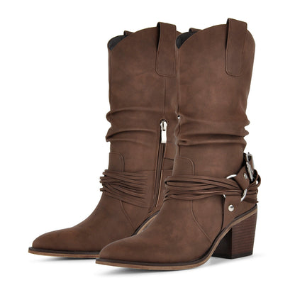 Ruched Buckle Strap Mid-Calf Western Boots - Onlymaker