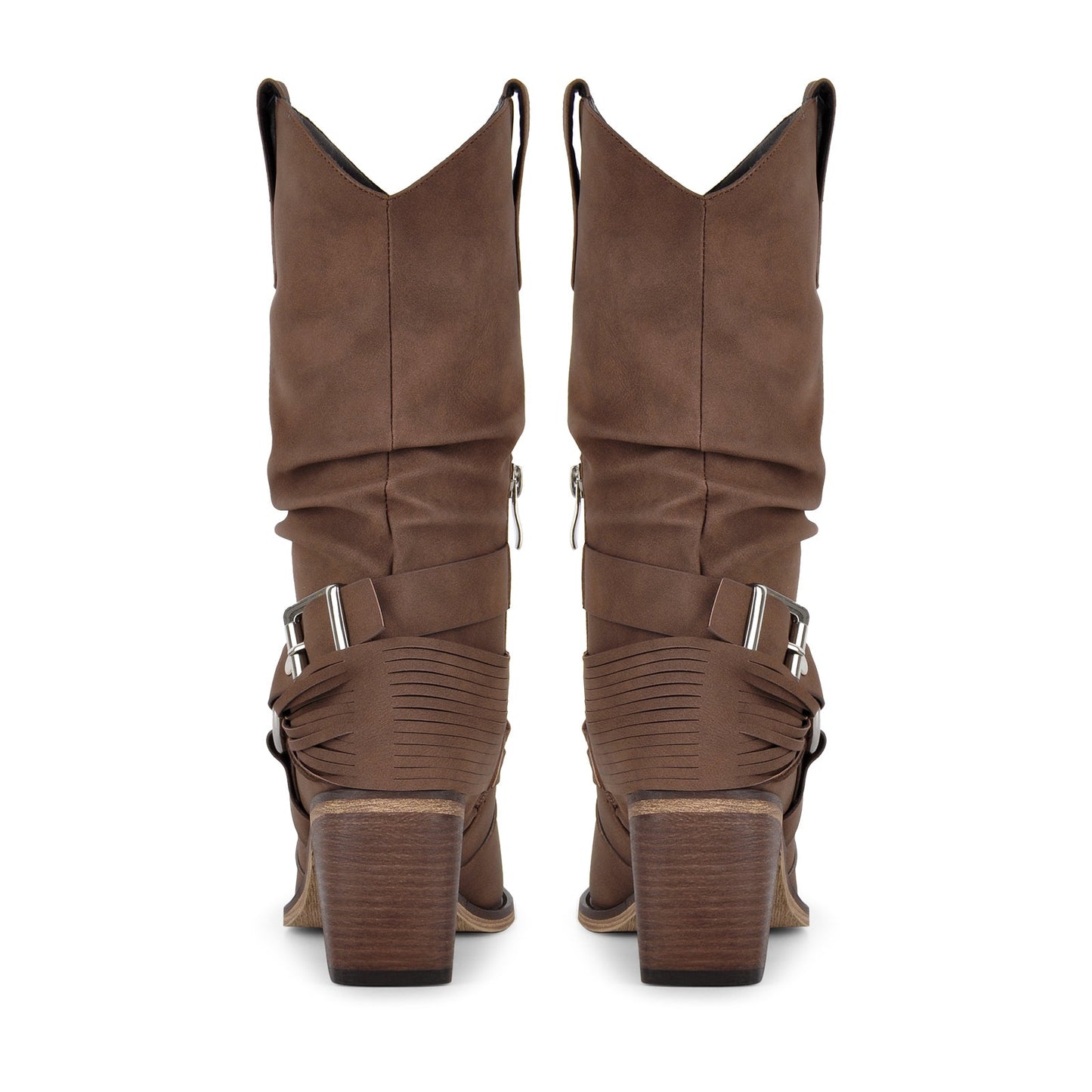 Ruched Buckle Strap Mid-Calf Western Boots - Onlymaker