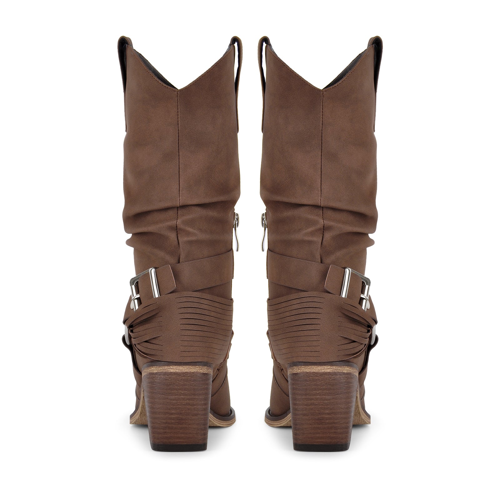 Ruched Buckle Strap Mid-Calf Western Boots - Onlymaker
