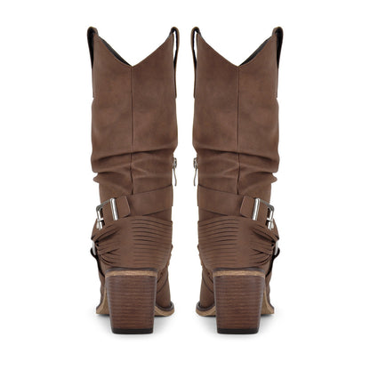 Ruched Buckle Strap Mid-Calf Western Boots - Onlymaker