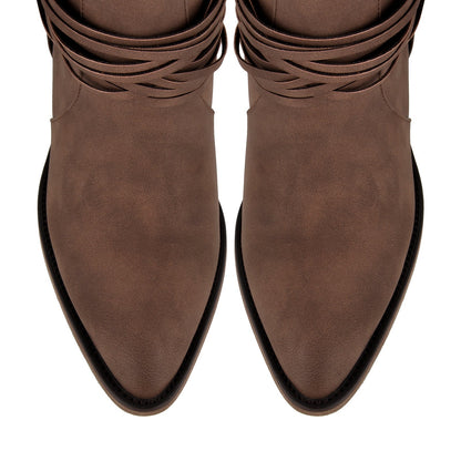 Ruched Buckle Strap Mid-Calf Western Boots - Onlymaker