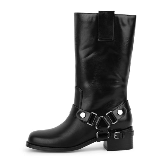 Buckle Strap Chunky Heel Mid-Calf Boots - Onlymaker