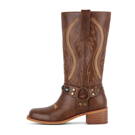 Square Toe Embroidery Stud Strap Mid-Calf Boots - Onlymaker