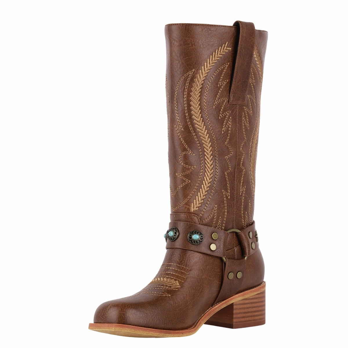 Square Toe Embroidery Stud Strap Mid-Calf Boots - Onlymaker