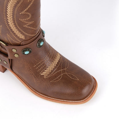 Square Toe Embroidery Stud Strap Mid-Calf Boots - Onlymaker