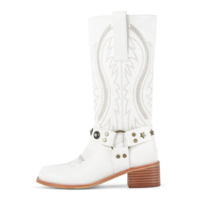 Square Toe Embroidery Stud Strap Mid-Calf Boots - Onlymaker