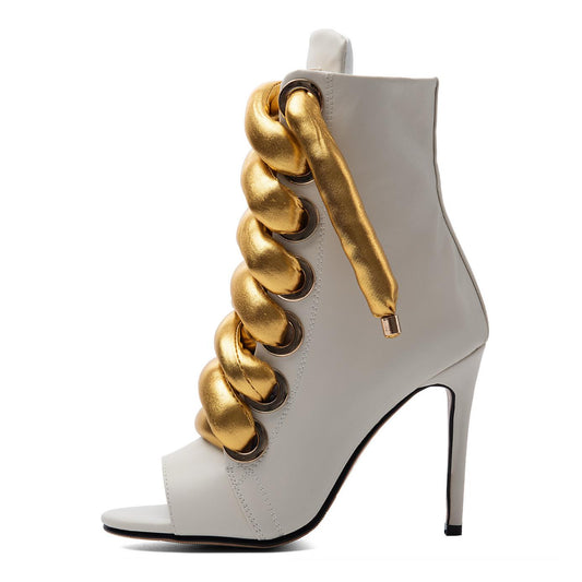 Peep Toe Thick Metallic Rope Lace-up Ankle Boots - Onlymaker